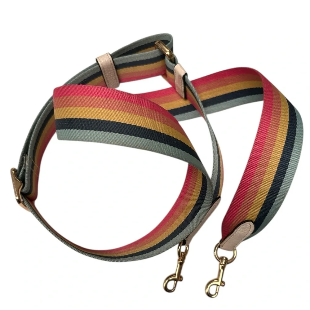 Coach Mini Dempsey Camera Bag in Signature Denim with Rainbow Web Strap